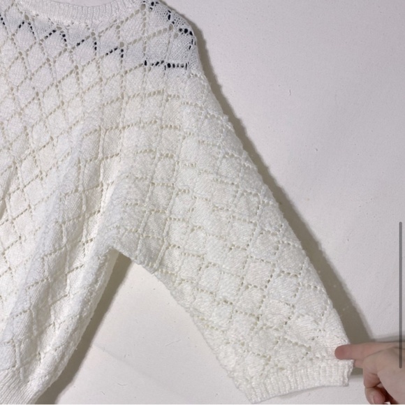 Vintage Oversized Ivory Diamond Knit V Neck Half Sleeve Sweater M - Picture 7 of 9
